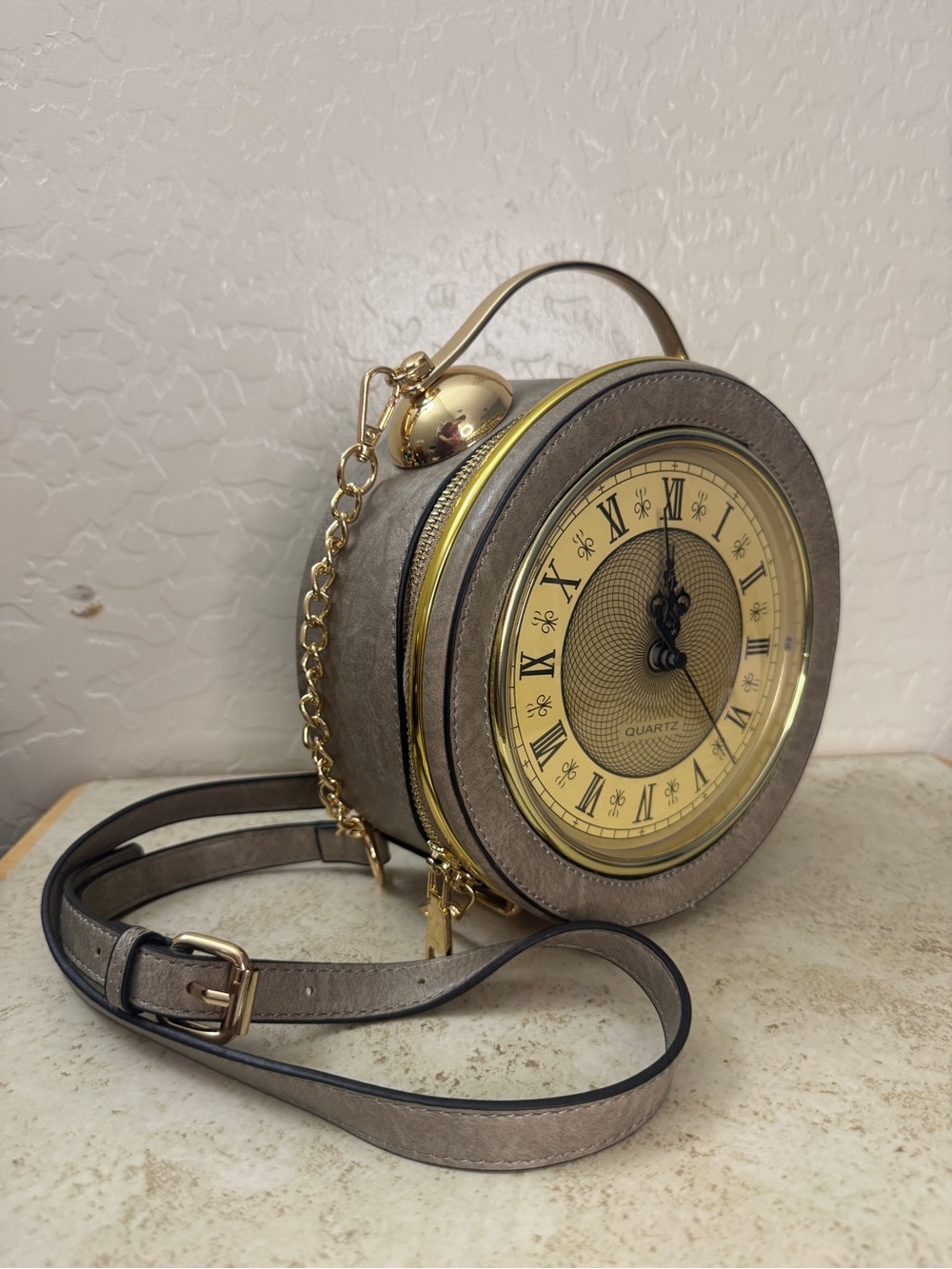 Round Clock-Face Crossbody Bag in Taupe - Picture 2 of 9
